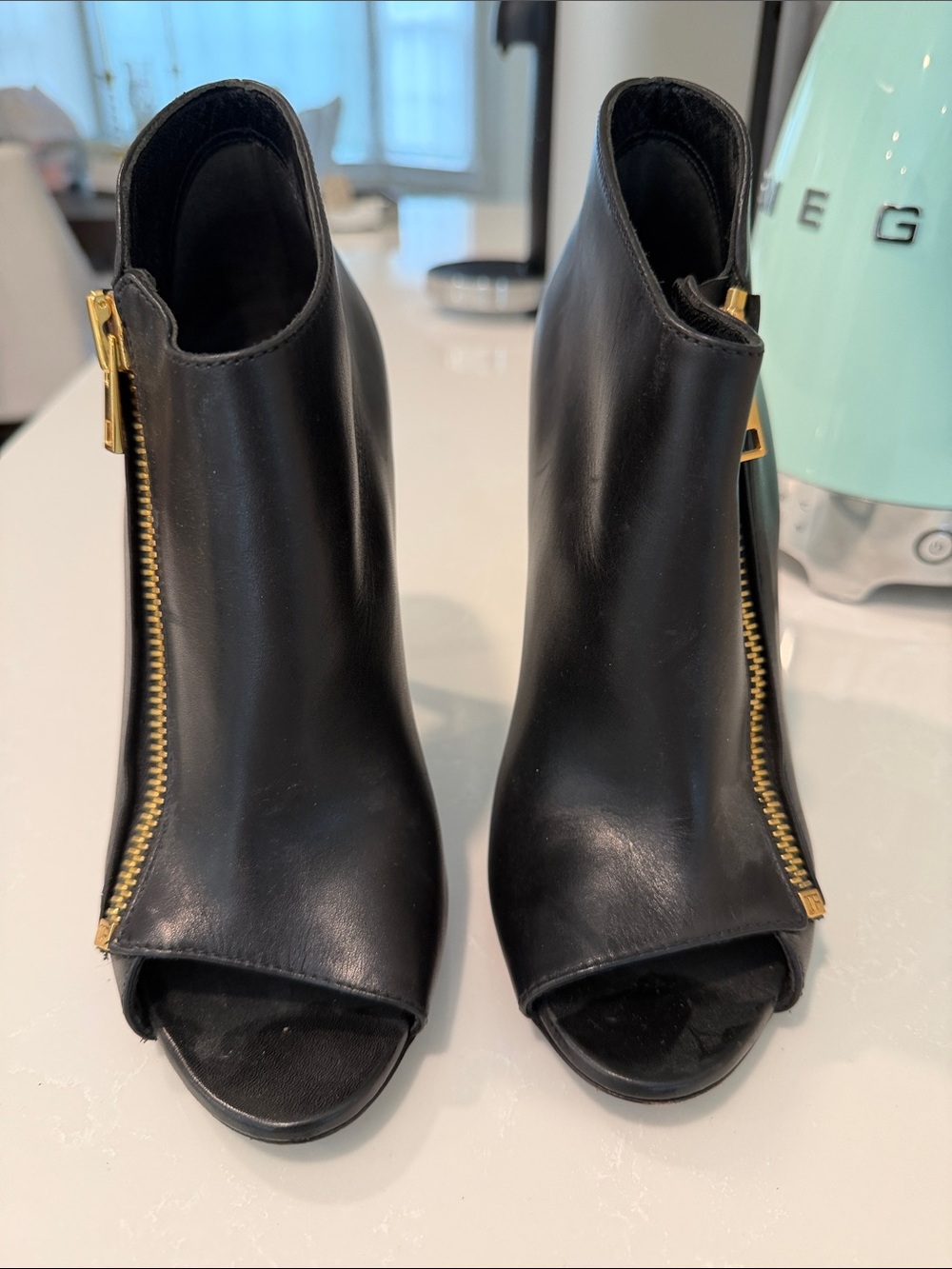 Tom Ford Black Leather Open-Toe Ankle Booties with Gold Zippers
